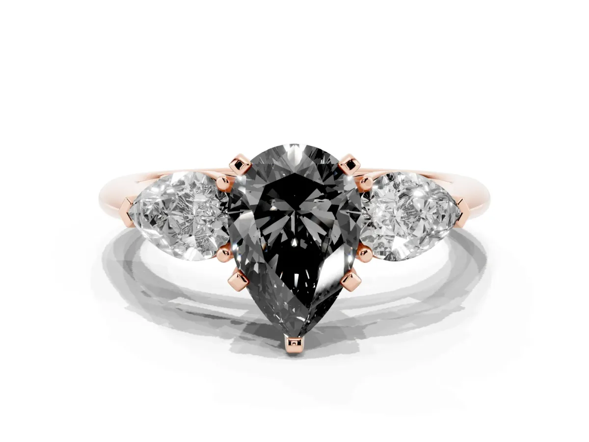 Fancy Black Three-Stone Pear Cut Diamond Ring with Pear Side Stones and Four-Prong Setting Rose gold