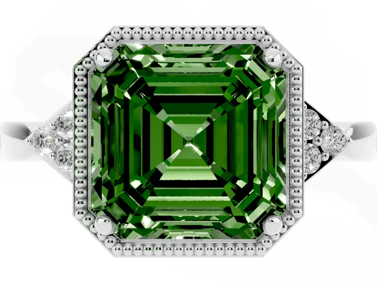 Fancy Green Asscher Cut Diamond Halo Ring with Tapered Band and Four-Prong Setting White gold