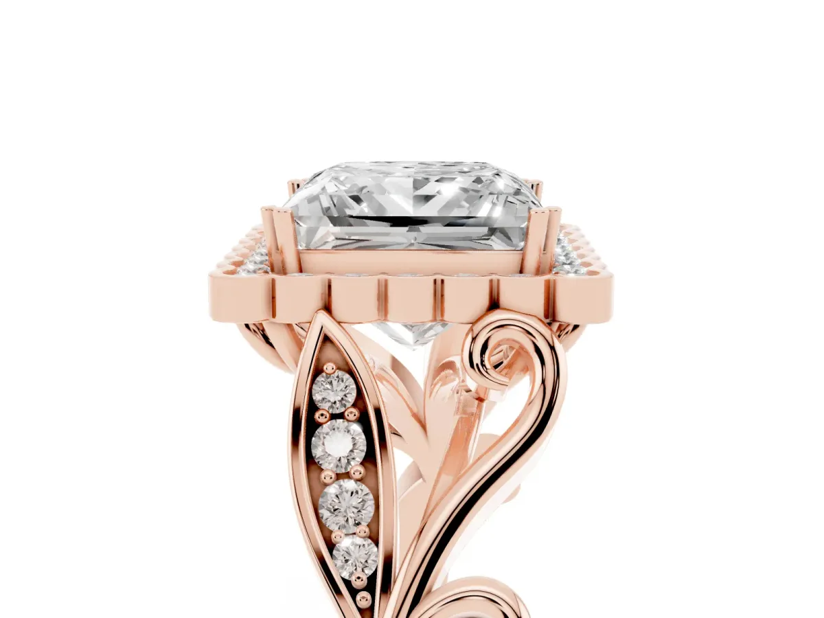 Princess Cut Diamond Halo Ring with Vintage Split Shank and Four-Prong Setting Rose gold