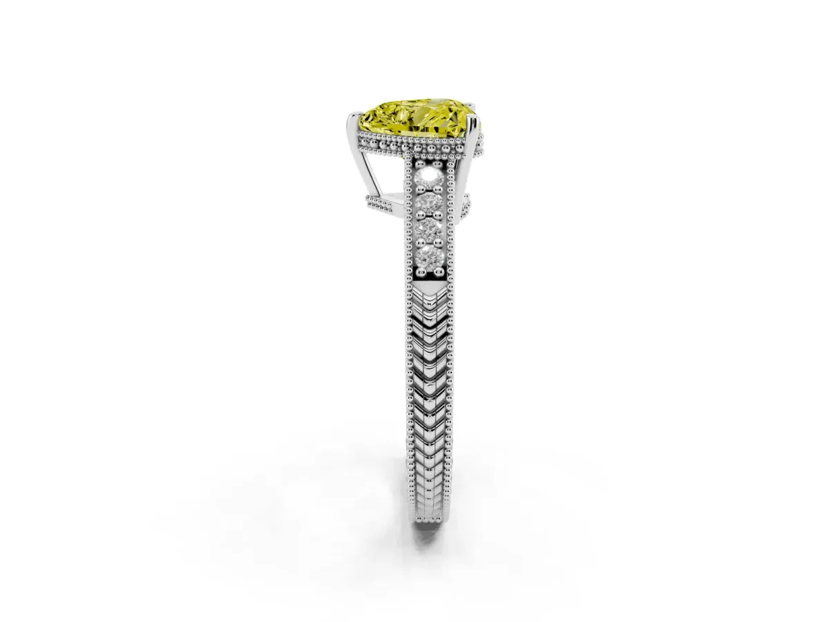 Fancy Yellow Heart Cut Solitaire Pavé Diamond Milgrain Engagement Ring with Four-Prong Setting Silver