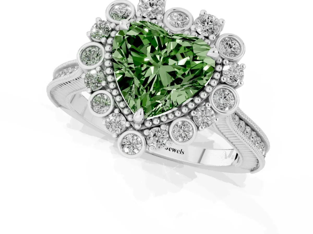 Fancy Green Heart Cut Halo Milgrain Pave Diamond Ring with Four-Prong Setting White gold