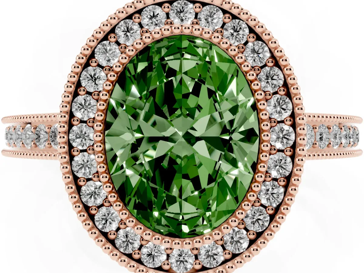 Fancy Green Oval Cut Cut Halo Diamond Ring with Pavé Band and Milgrain Prong Setting Rose gold