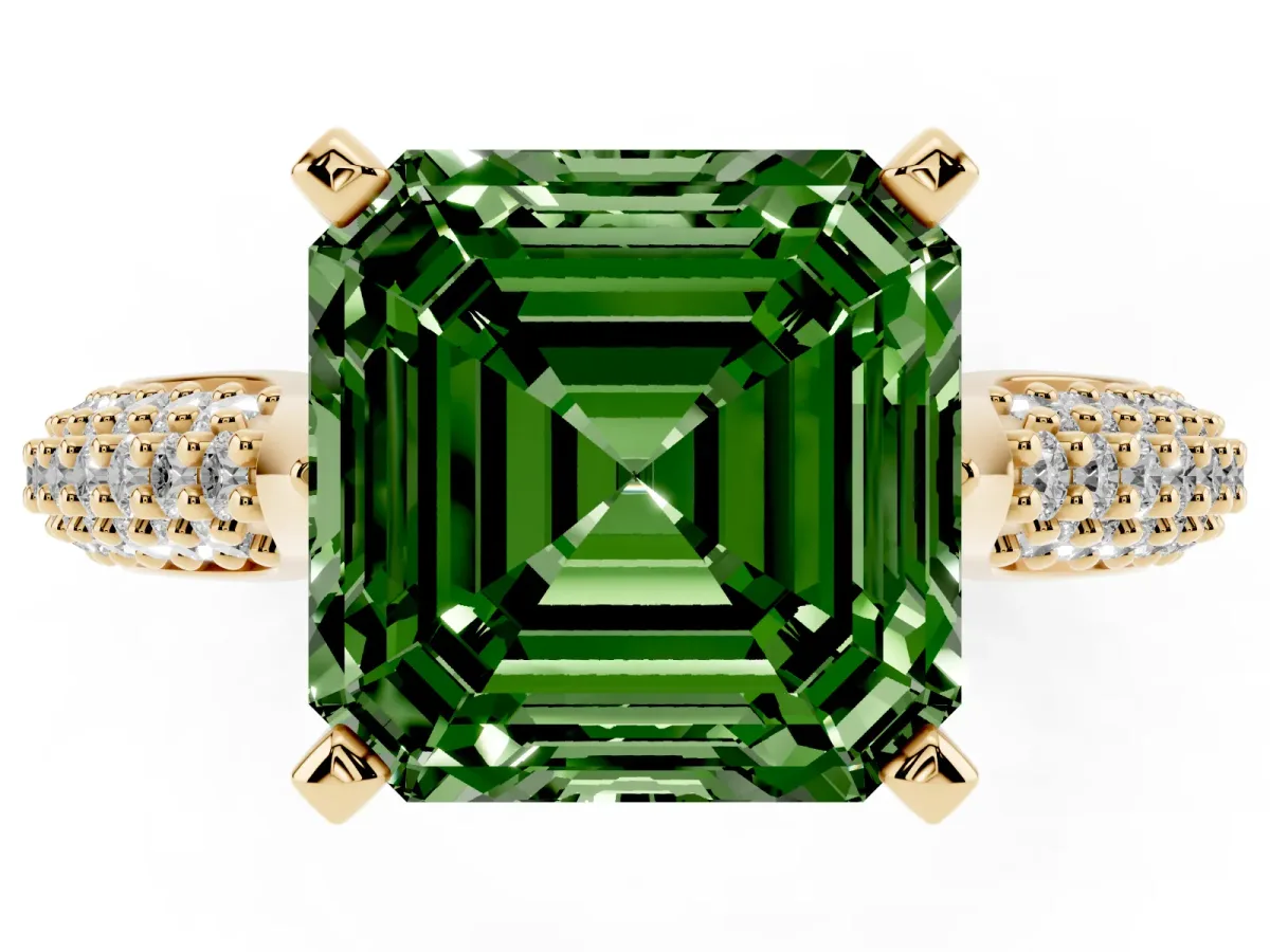 Fancy Green Asscher Cut Diamond Solitaire Engagement Ring with Multi-Row Round Pavé Band and Prong Setting Yellow gold