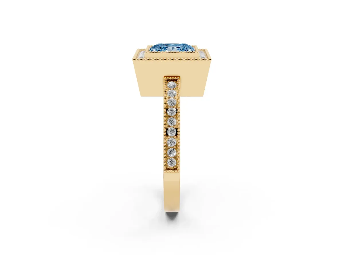 Fancy Blue Princess Cut Cut Halo Diamond Ring with Pavé Band and Milgrain Prong Setting Yellow gold