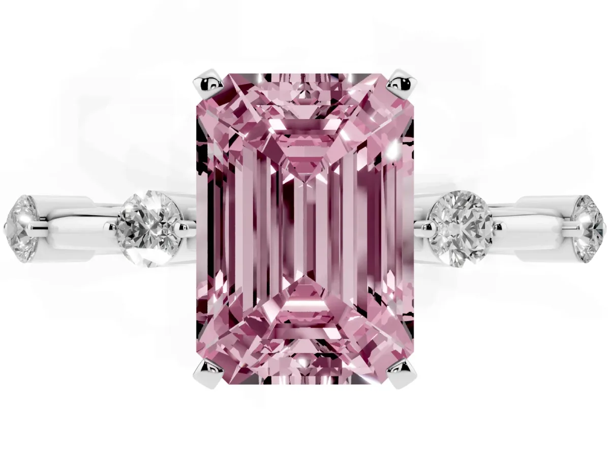 Fancy Pink Emerald Cut Solitaire Diamond Ring with Bezel Set Side Stones and Prong Setting Platinum