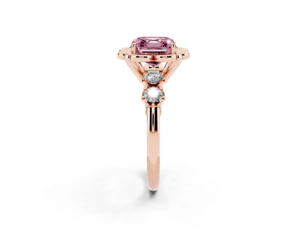 Fancy Pink Asscher Cut Cut Diamond Floral Halo Engagement Ring with Shared Prong Setting Rose gold