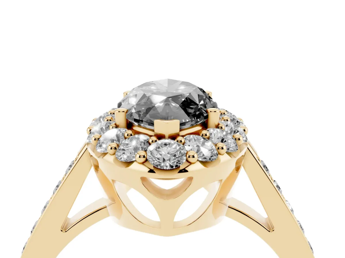 Fancy Black Marquise Cut Diamond Floral Halo Ring with Pavé Band and Prong Setting Yellow gold