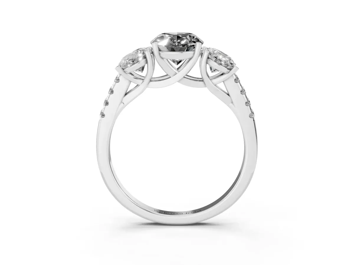 Fancy Black Three-Stone Oval Cut Diamond Ring with Round Pavé Band and Prong Setting Silver