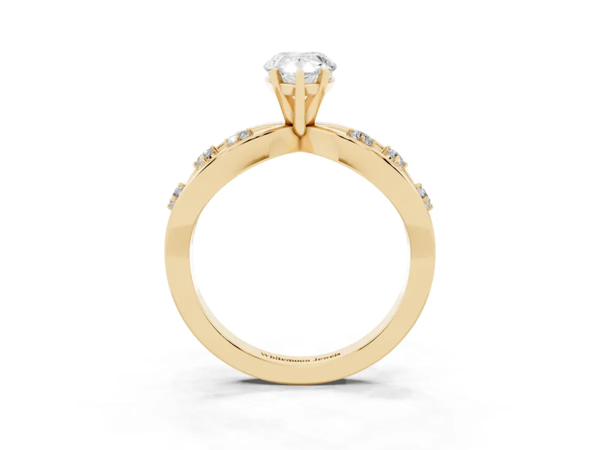 Pear Cut Cut Solitaire Diamond with Side Stones on Criss-Cross Band and Four-Prong Setting Yellow gold