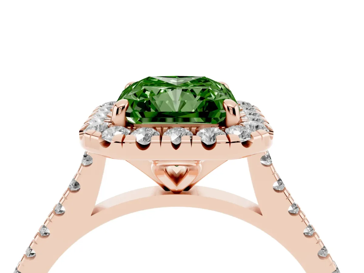 Fancy Green Radiant Cut Diamond Cushion Halo Ring with Pavé Band Rose gold