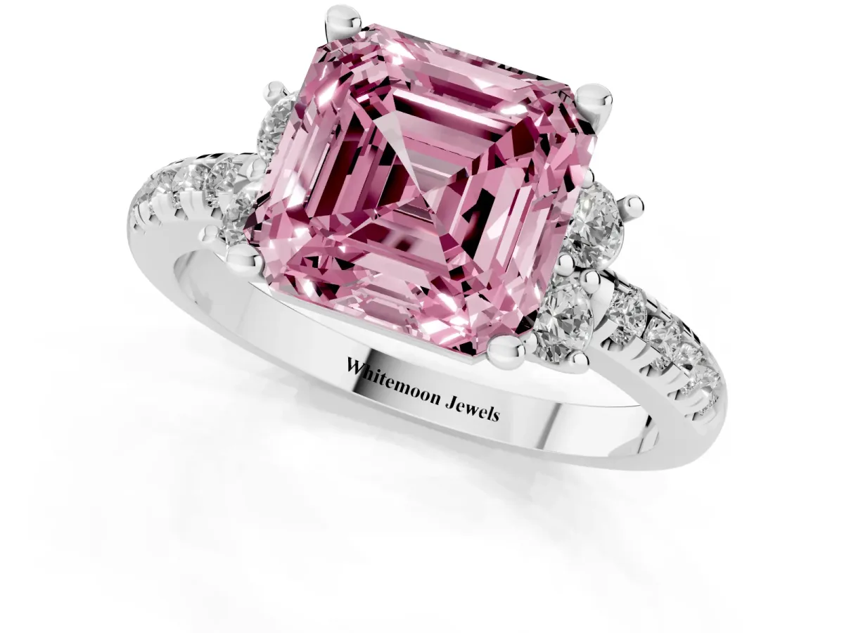 Fancy Pink Asscher Cut Diamond Three-Stone Pave Band with Four-Prong Setting Silver