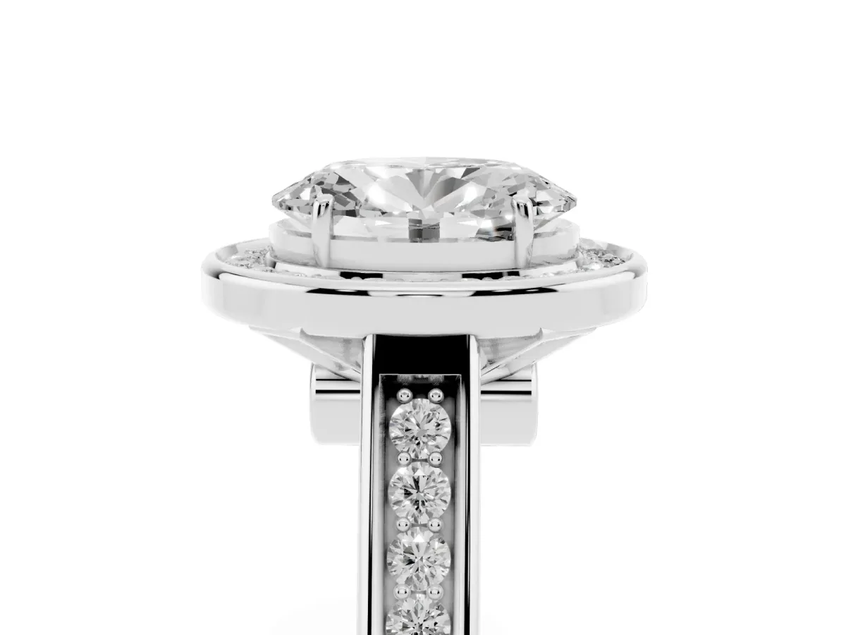 Oval Cut Halo Solitaire Diamond Ring with Pave Band and Bezel Setting Silver