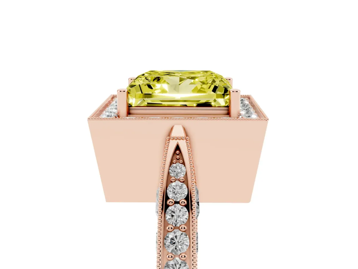 Fancy Yellow Princess Cut Halo Diamond Engagement Ring with Split Shank Band and Four-Prong Setting Rose gold