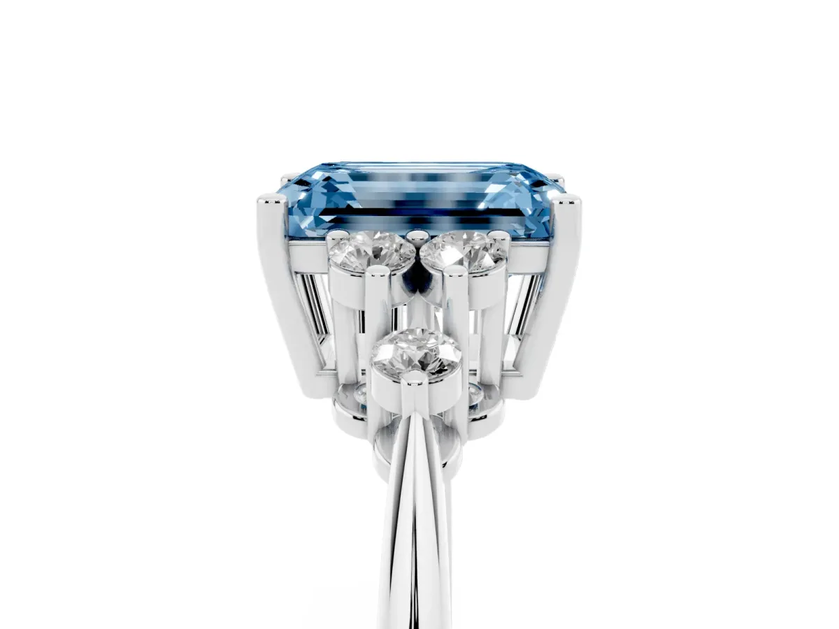 Fancy Blue Emerald Cut Cut Diamond Cluster Ring with Solitaire Band and Four-Prong Setting Platinum