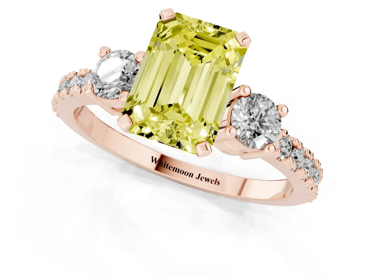 Fancy Yellow Emerald Cut Three-Stone Diamond Pavé Band with Prong Setting Rose gold