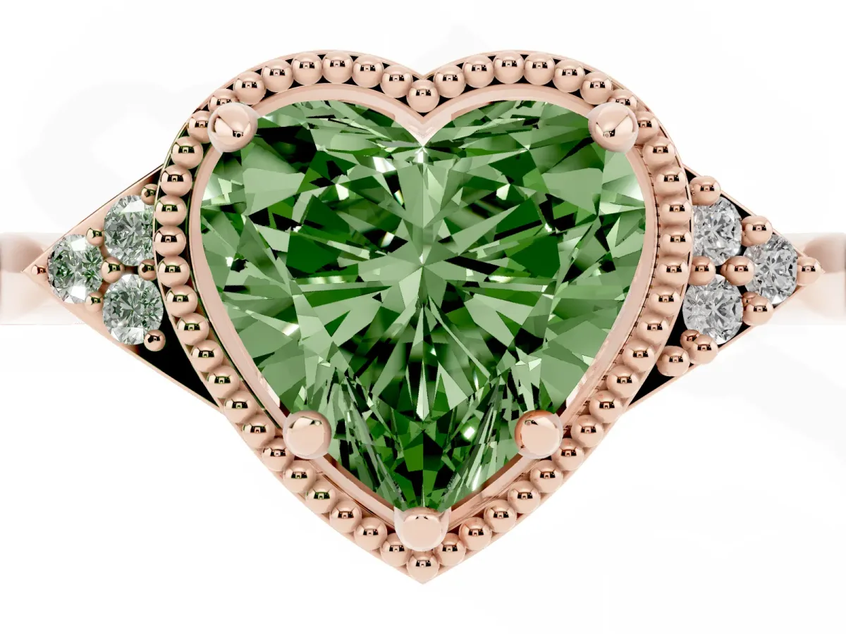 Fancy Green Hexagonal Halo Heart Cut Diamond Solitaire with Pavé Band and Four-Prong Setting Rose gold