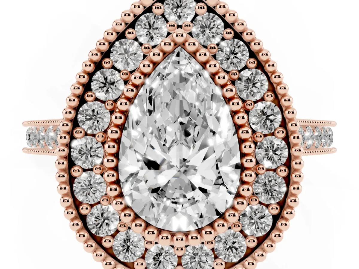 Pear Cut Diamond Halo Ring with Milgrain Frame and Pavé Band Rose gold