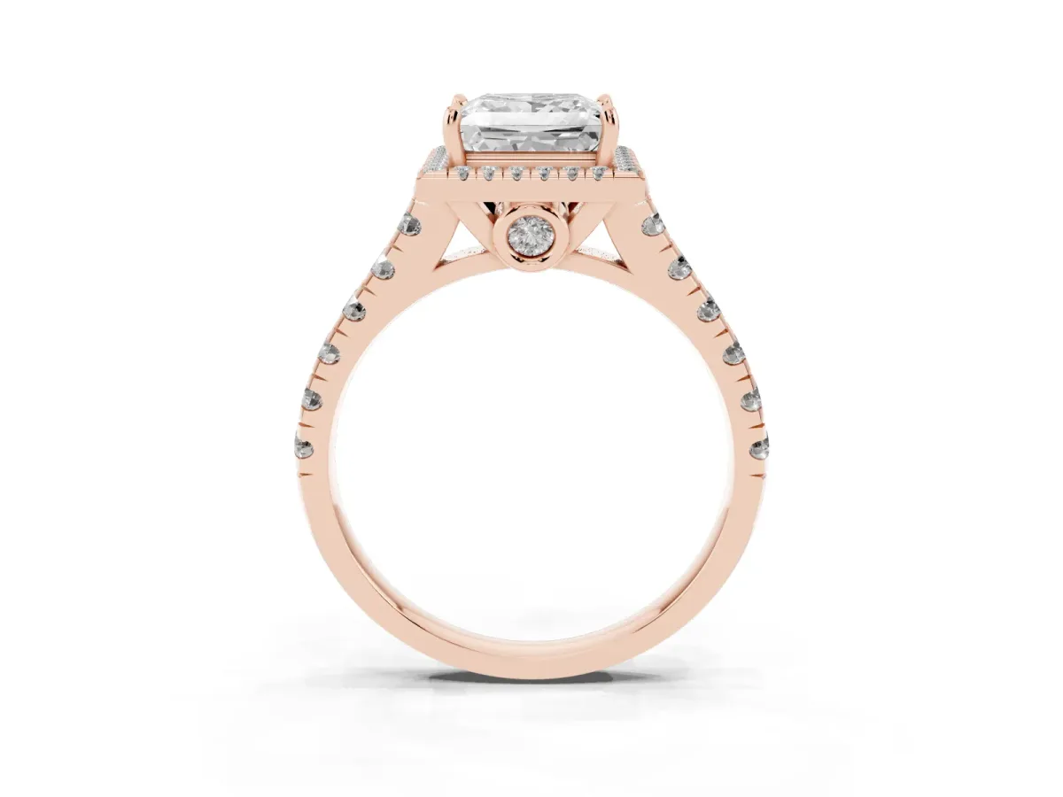 Princess Cut Halo Pavé Diamond Engagement Ring with Four-Prong Setting Rose gold