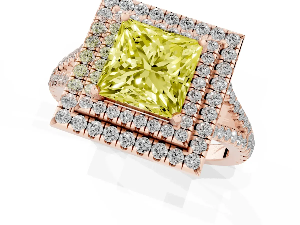 Fancy Yellow Princess Cut Diamond Double Halo Ring with Pavé Band and Prong Setting Rose gold