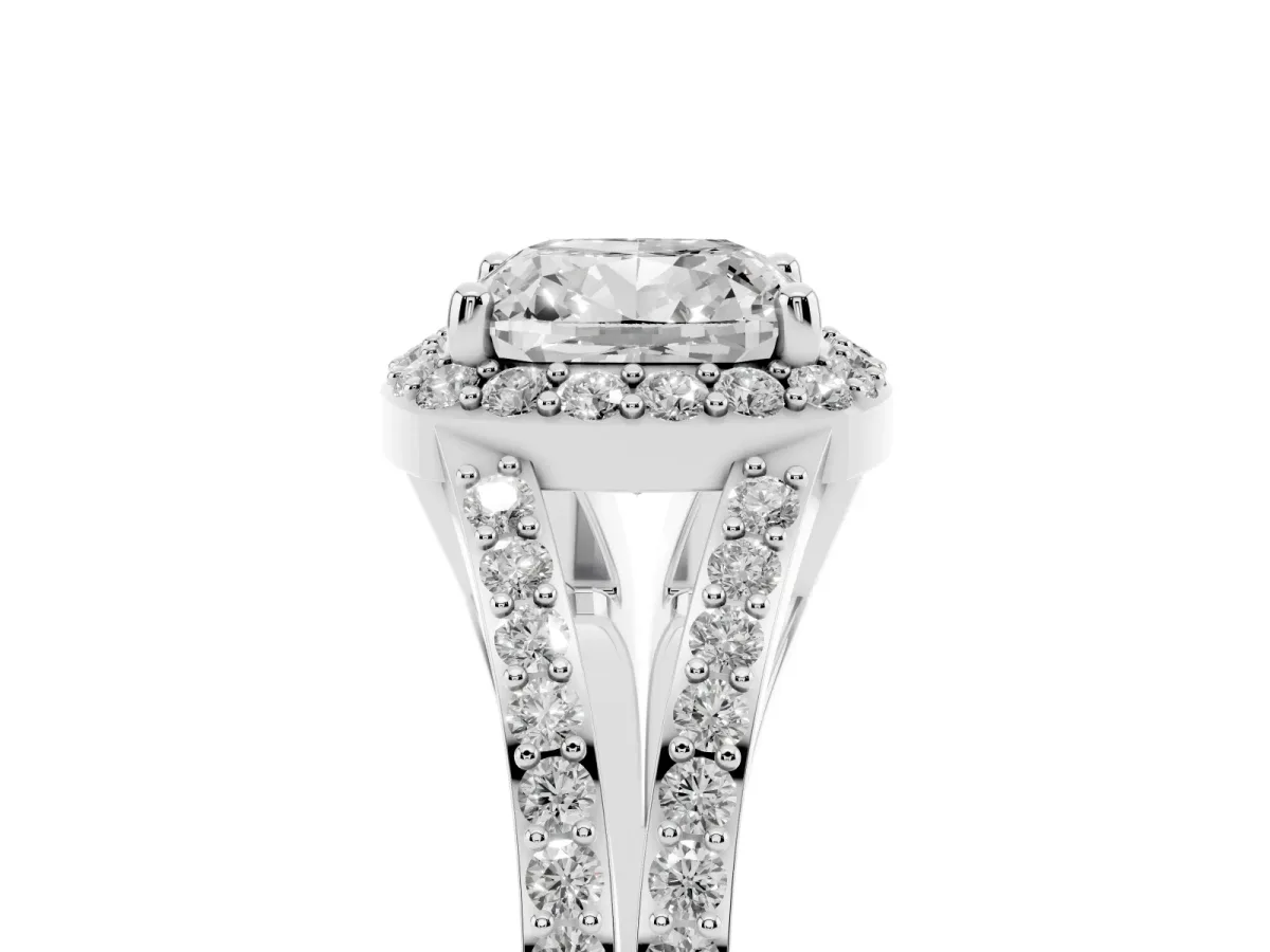 Cushion Cut Halo Split Shank Diamond Ring with Prong Setting Silver