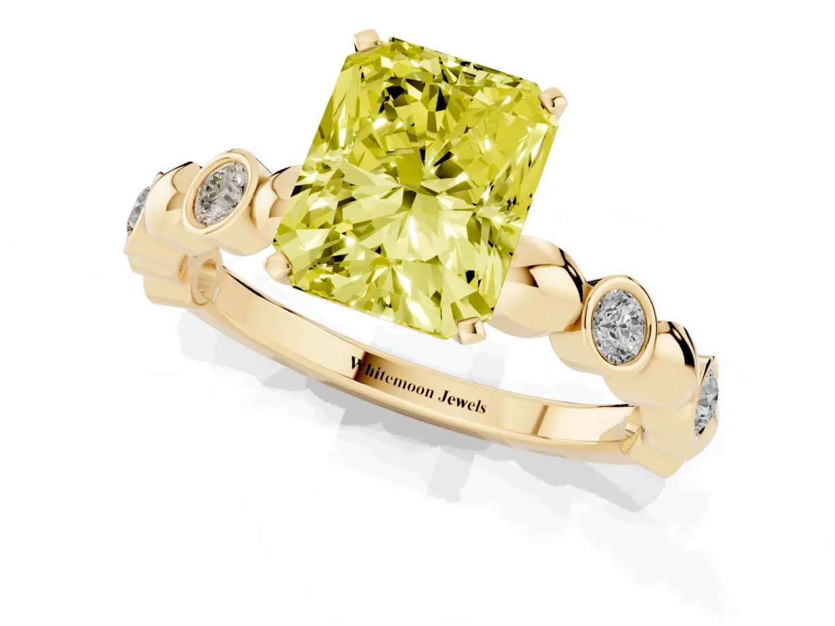 Fancy Yellow Radiant Cut Solitaire Bezel-Set Diamond Ring with Beaded Band and Four-Prong Setting Yellow gold