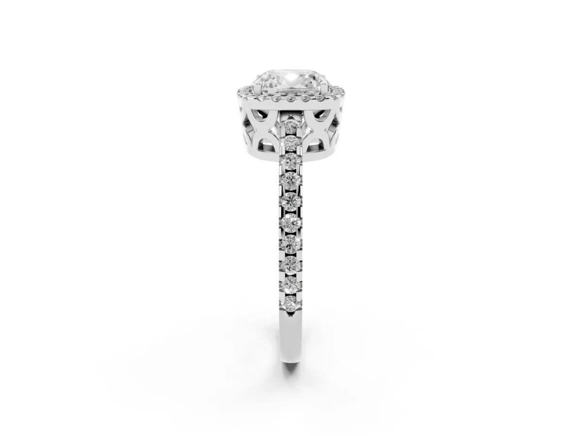 Cushion Cut Diamond Halo Engagement Ring with Pavé Band and Prong Setting Silver