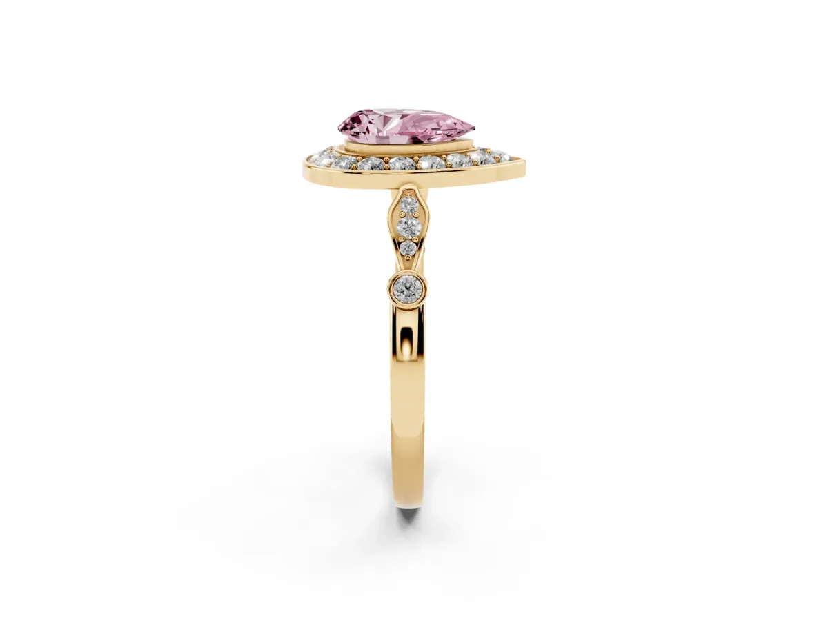 Fancy Pink Pear Cut Halo Diamond Engagement Ring with Twisted Band and Four-Prong Setting Yellow gold