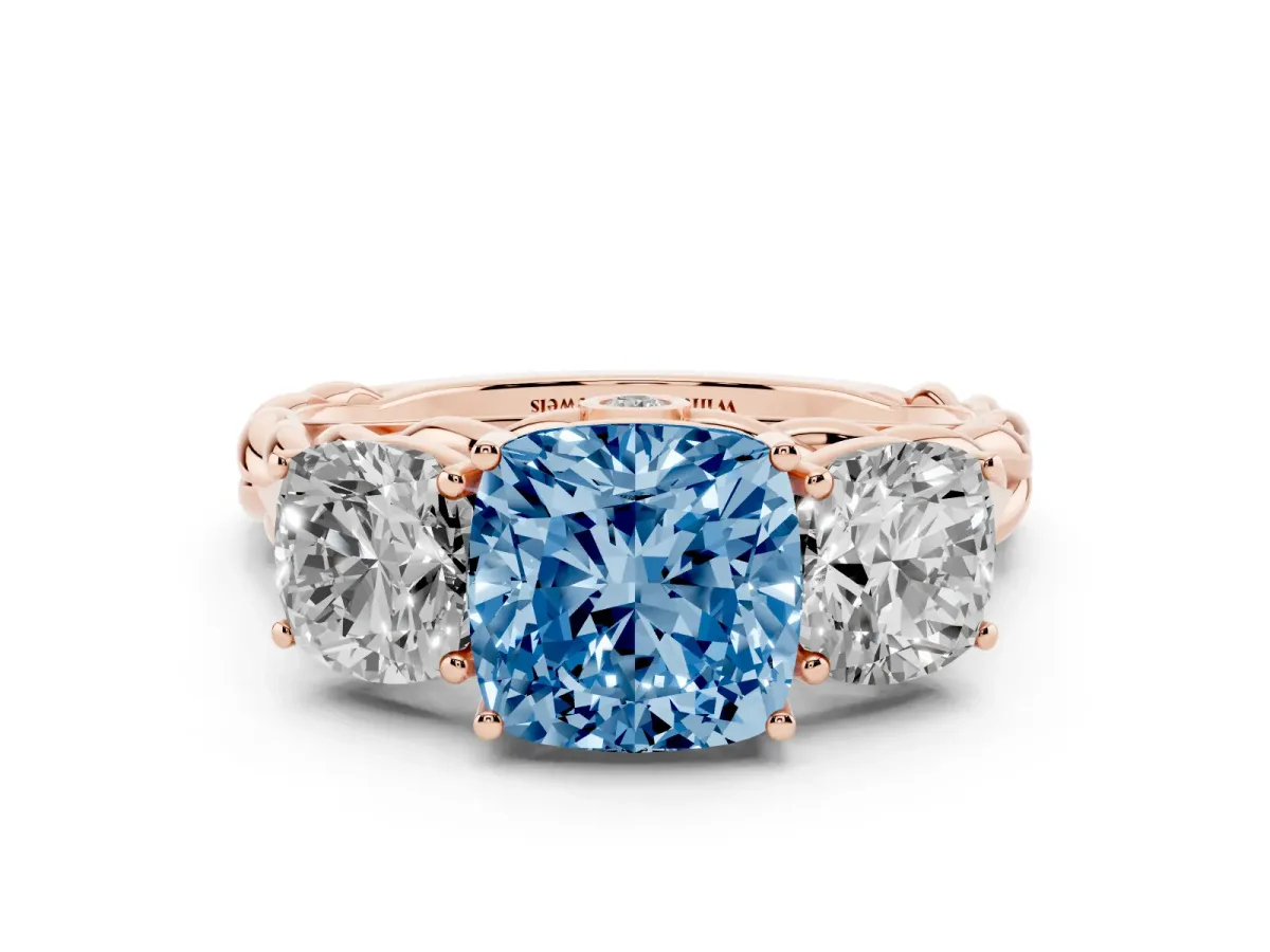Fancy Blue Three-Stone Cushion Cut Diamond Braided Band Ring with Four-Prong Setting Rose gold