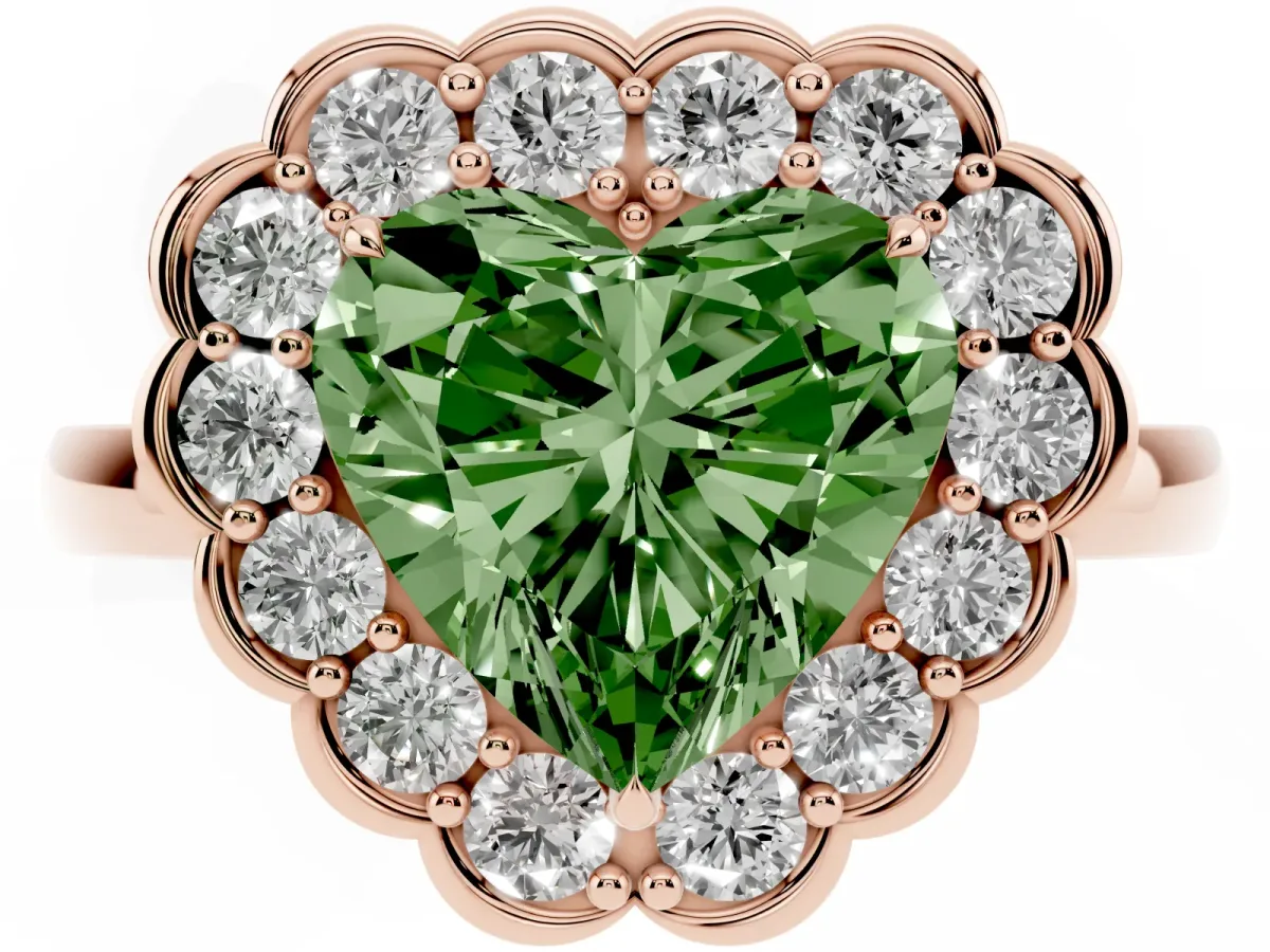 Fancy Green Heart Cut Halo Cluster Diamond Engagement Ring with Solitaire Band and Prong Setting Rose gold