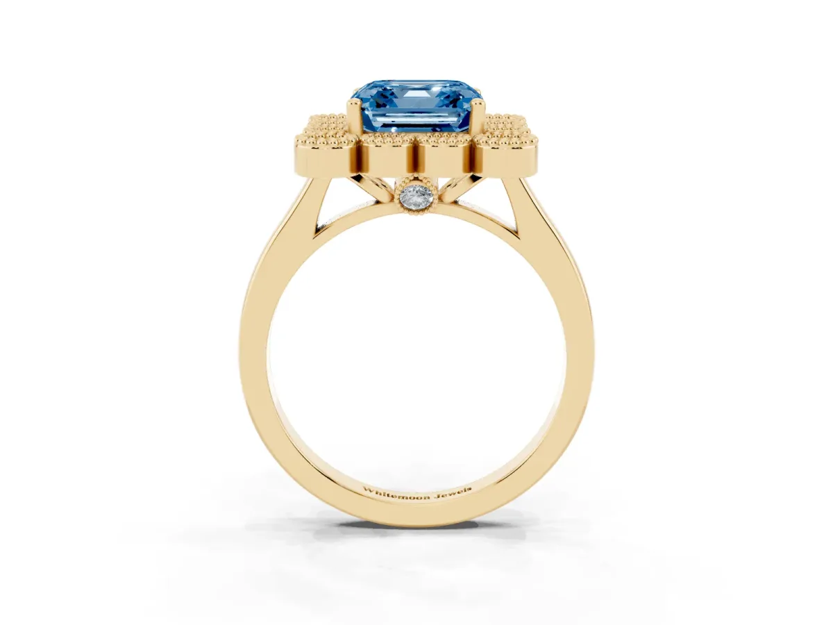 Fancy Blue Asscher Cut Halo Diamond Cluster Engagement Ring with Milgrain Bezel Setting and Solitaire Band Yellow gold