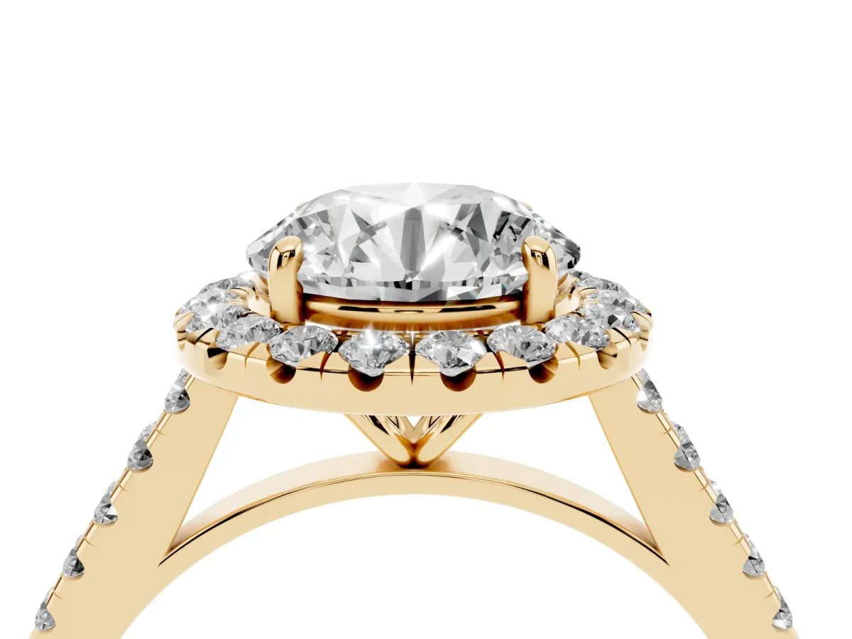 Round Cut Halo Pave Diamond Engagement Ring with Four-Prong Setting Yellow gold