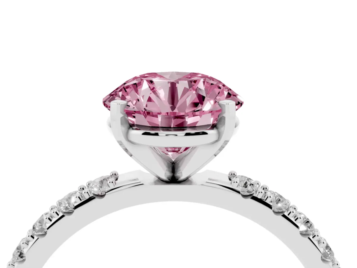 Fancy Pink Round Cut Diamond Solitaire Pavé Band with Four-Prong Setting Platinum
