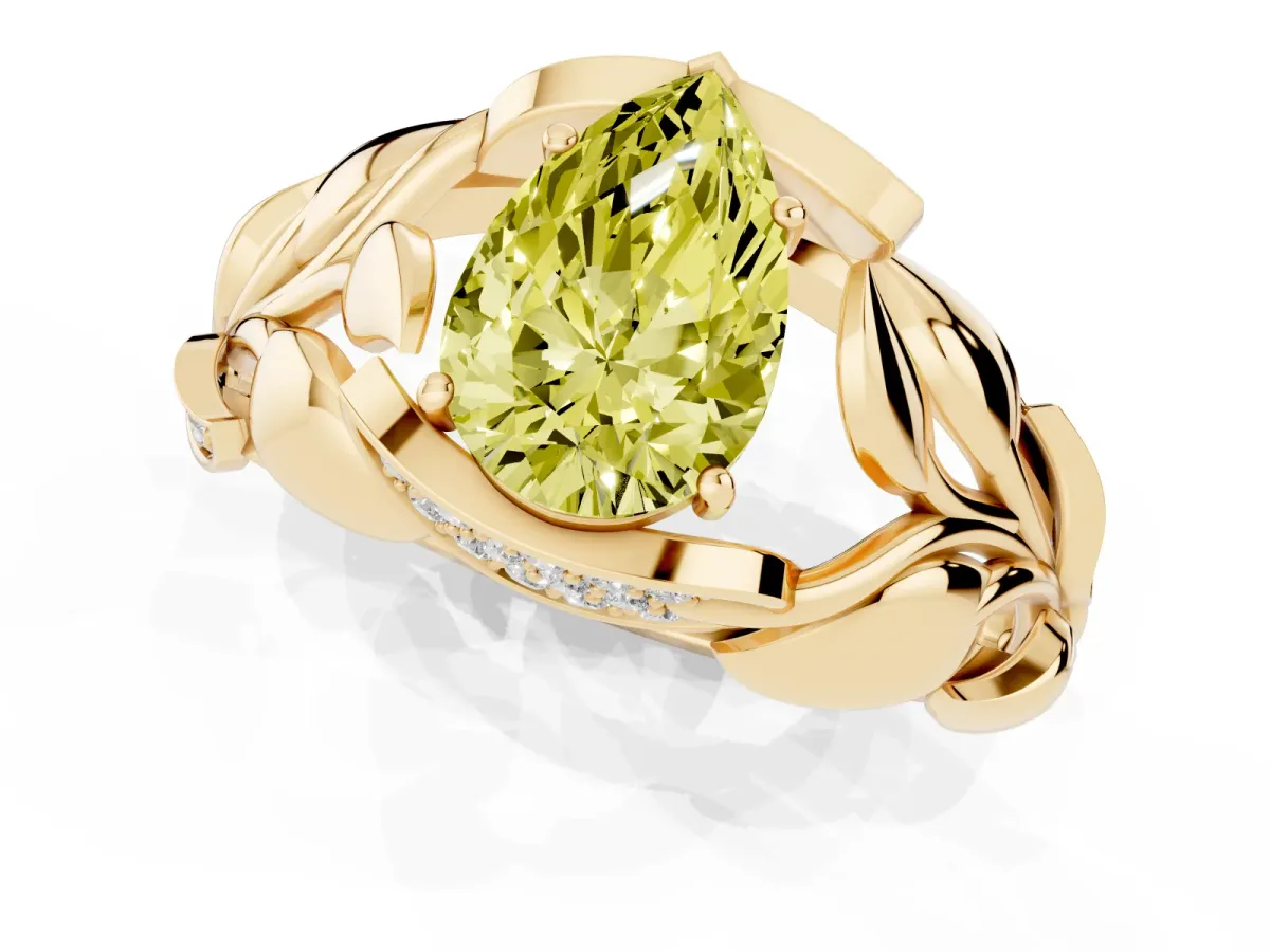 Fancy Yellow Pear Cut Diamond Leaf-Inspired Engagement Ring with Round Accents and Prong Setting Yellow gold
