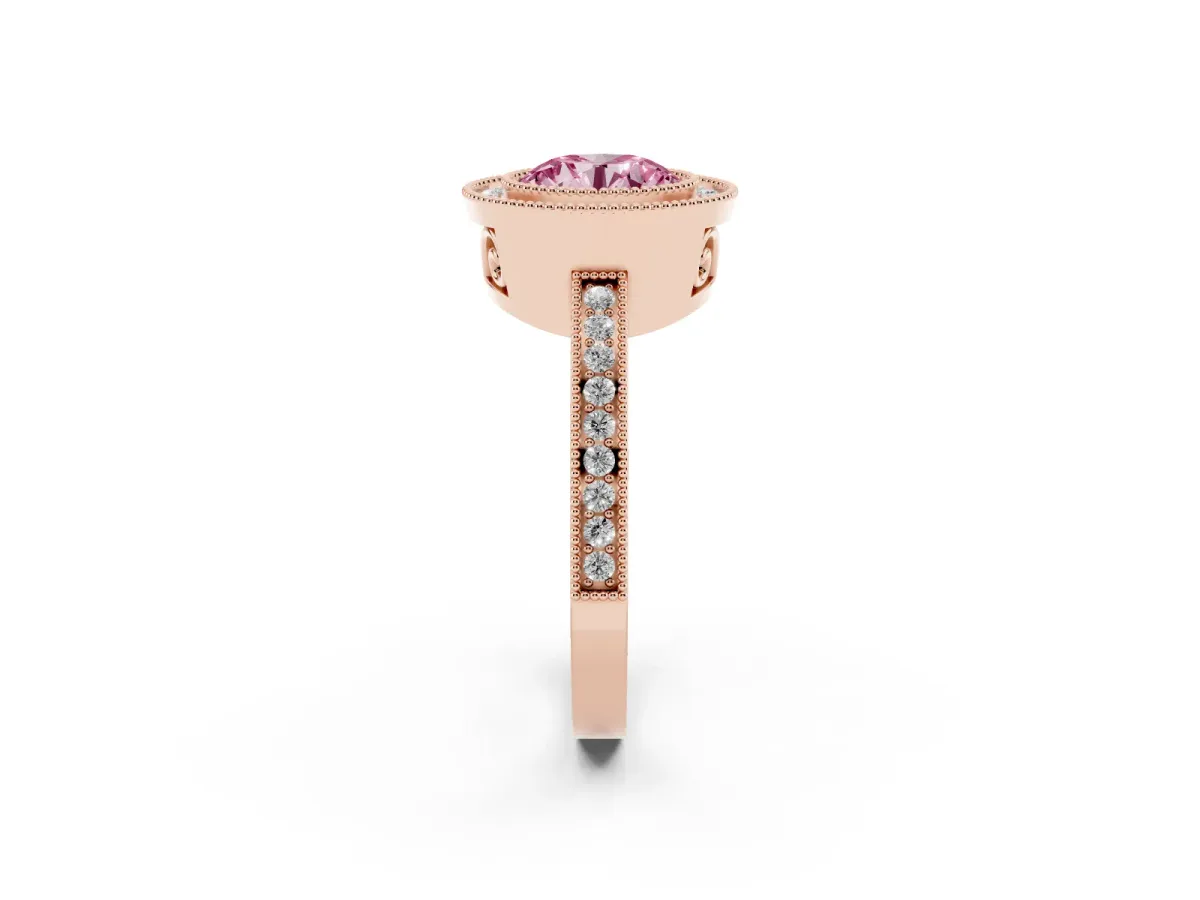 Fancy Pink Round Cut Cut Halo Diamond Ring with Pavé Band and Milgrain Prong Setting Rose gold