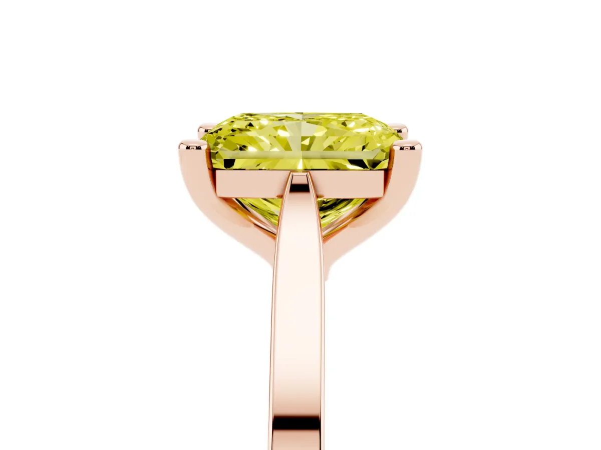 Fancy Yellow Radiant Cut Solitaire Diamond Ring with Four-Prong Setting and Tapered Band Rose gold