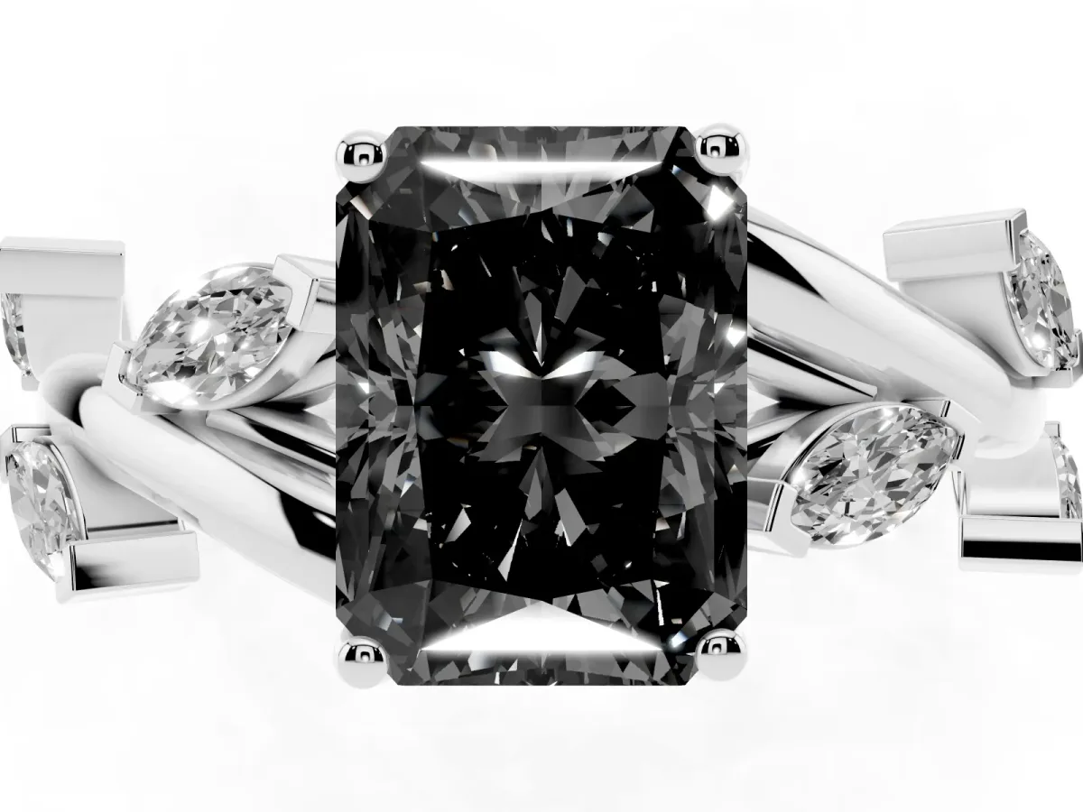 Fancy Black Radiant Cut Solitaire Twisted Band Marquise Accent Prong Setting Ring Platinum