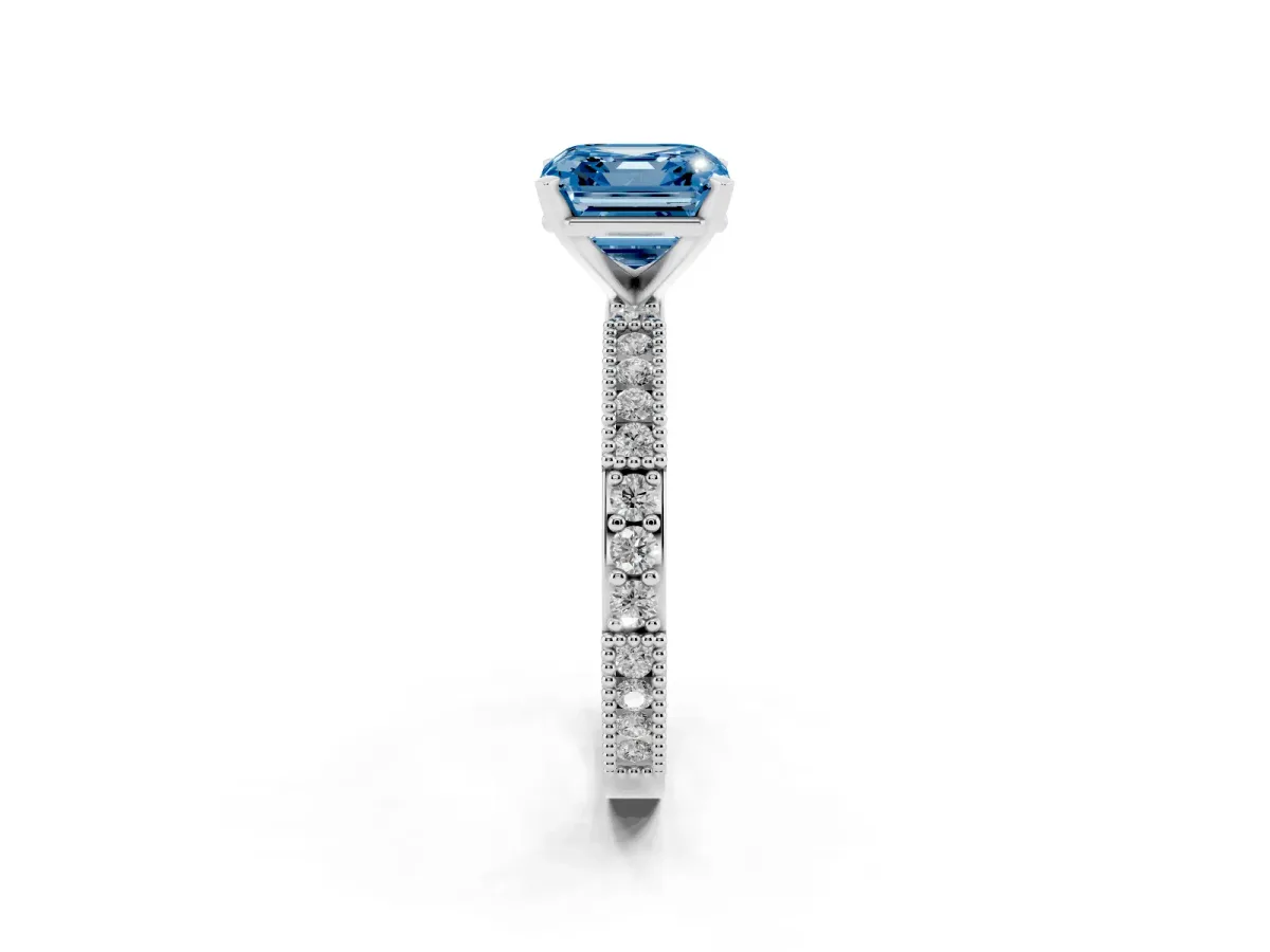 Fancy Blue Asscher Cut Solitaire with Pavé Band and Four-Prong Setting Silver