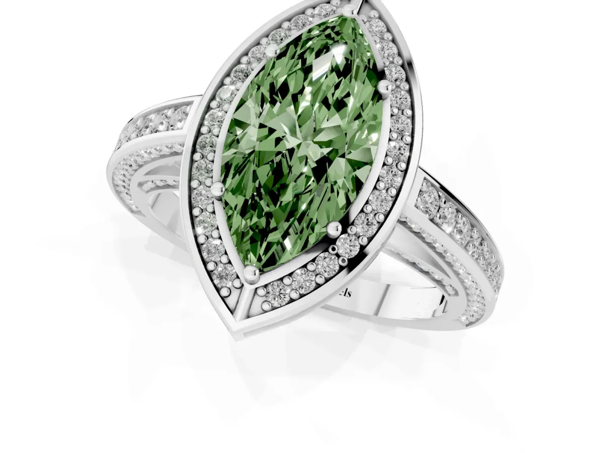 Fancy Green Marquise Cut Cut Halo Pave Split Shank Prong Setting Ring Platinum