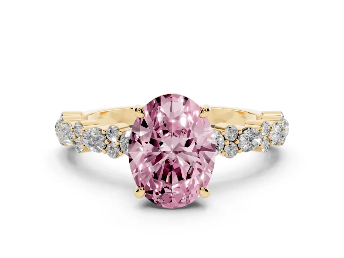 Fancy Pink Oval Cut Diamond Side Stone Solitaire Ring with Round and Four-Prong Setting Yellow gold