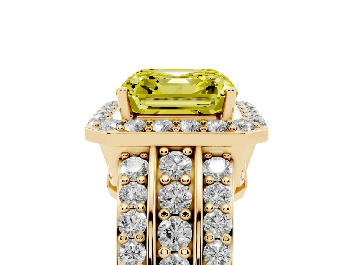 Fancy Yellow Asscher Cut Halo Diamond Ring with Round Split Shank and Prong Setting Yellow gold