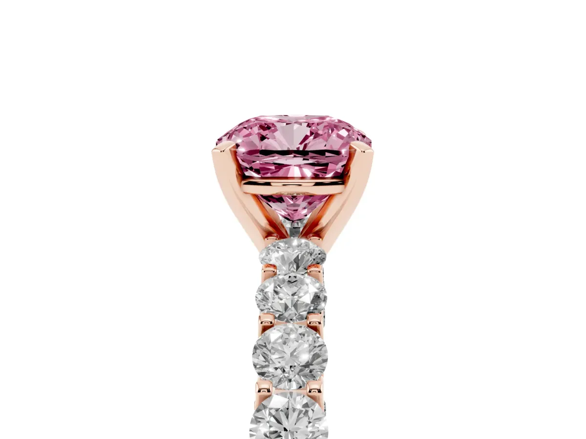 Fancy Pink Cushion Cut Diamond Solitaire Ring with Shared Prong Pavé Band and Four-Prong Setting Rose gold