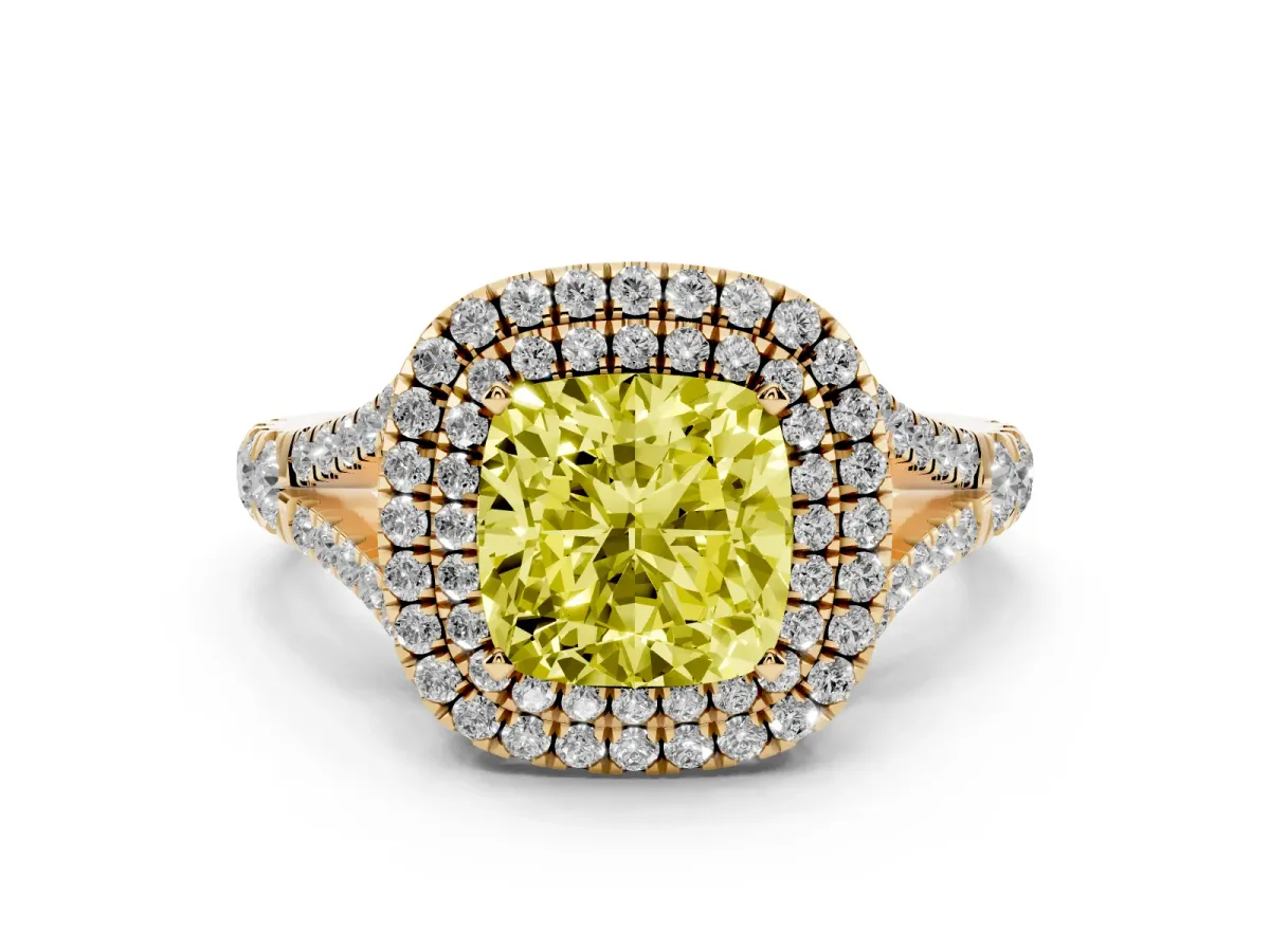 Fancy Yellow Cushion Cut Diamond Pavé Split Shank Double Halo Engagement Ring Yellow gold