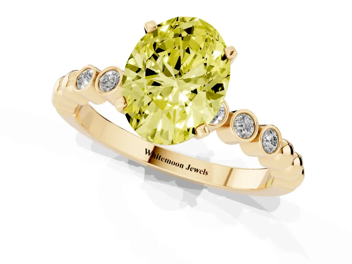 Fancy Yellow Oval Cut Solitaire Bezel Accent Diamond Engagement Ring with Beaded Band and Four-Prong Setting Yellow gold
