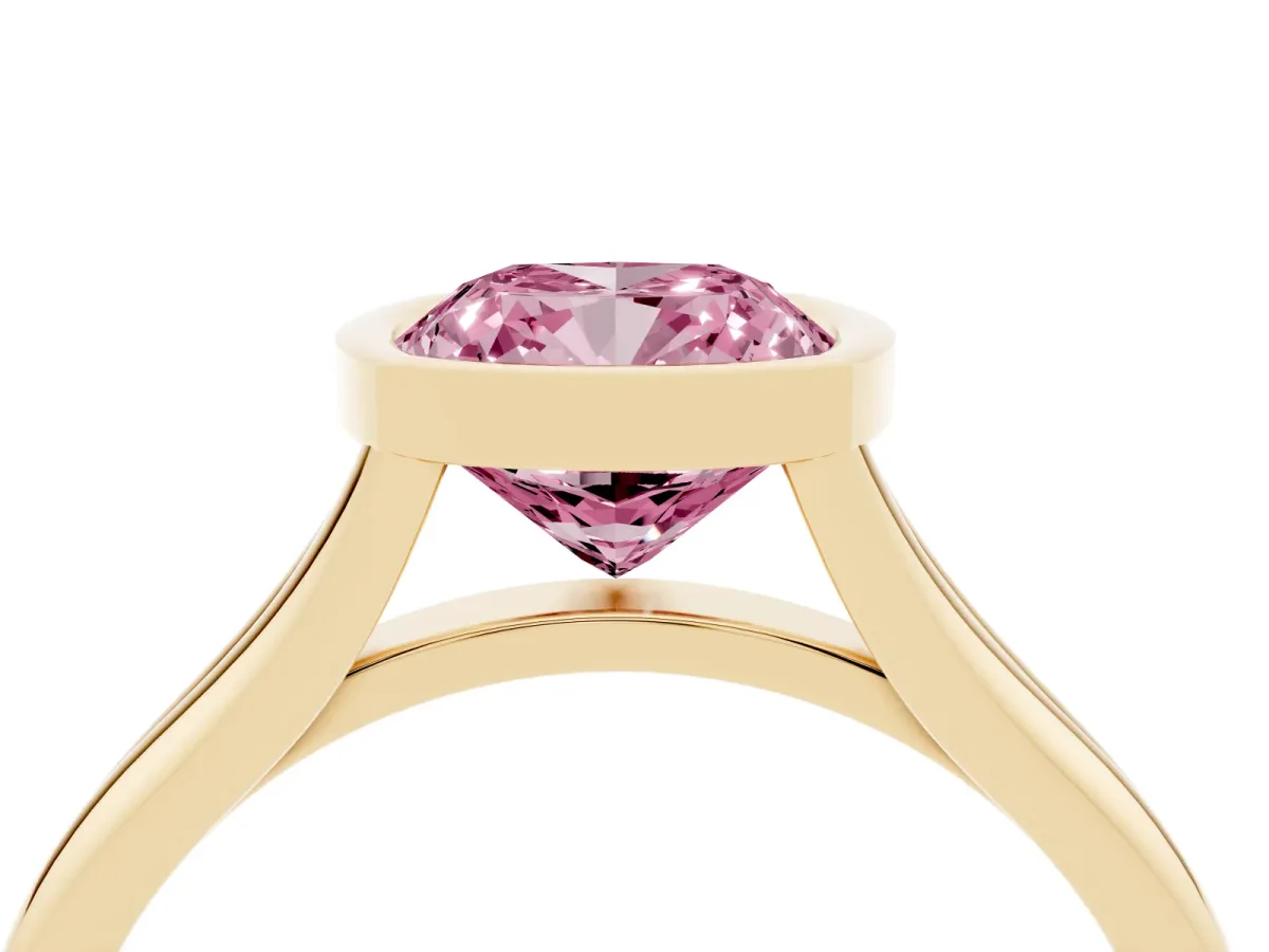 Fancy Pink Bezel Set Cushion Cut Cut Solitaire Ring with Tapered Band Yellow gold