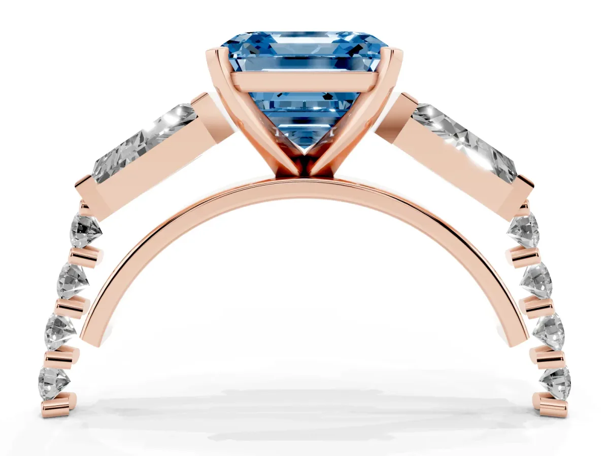 Fancy Blue Asscher Cut Diamond Engagement Ring with Baguette Side Stones and Channel Set Band Rose gold