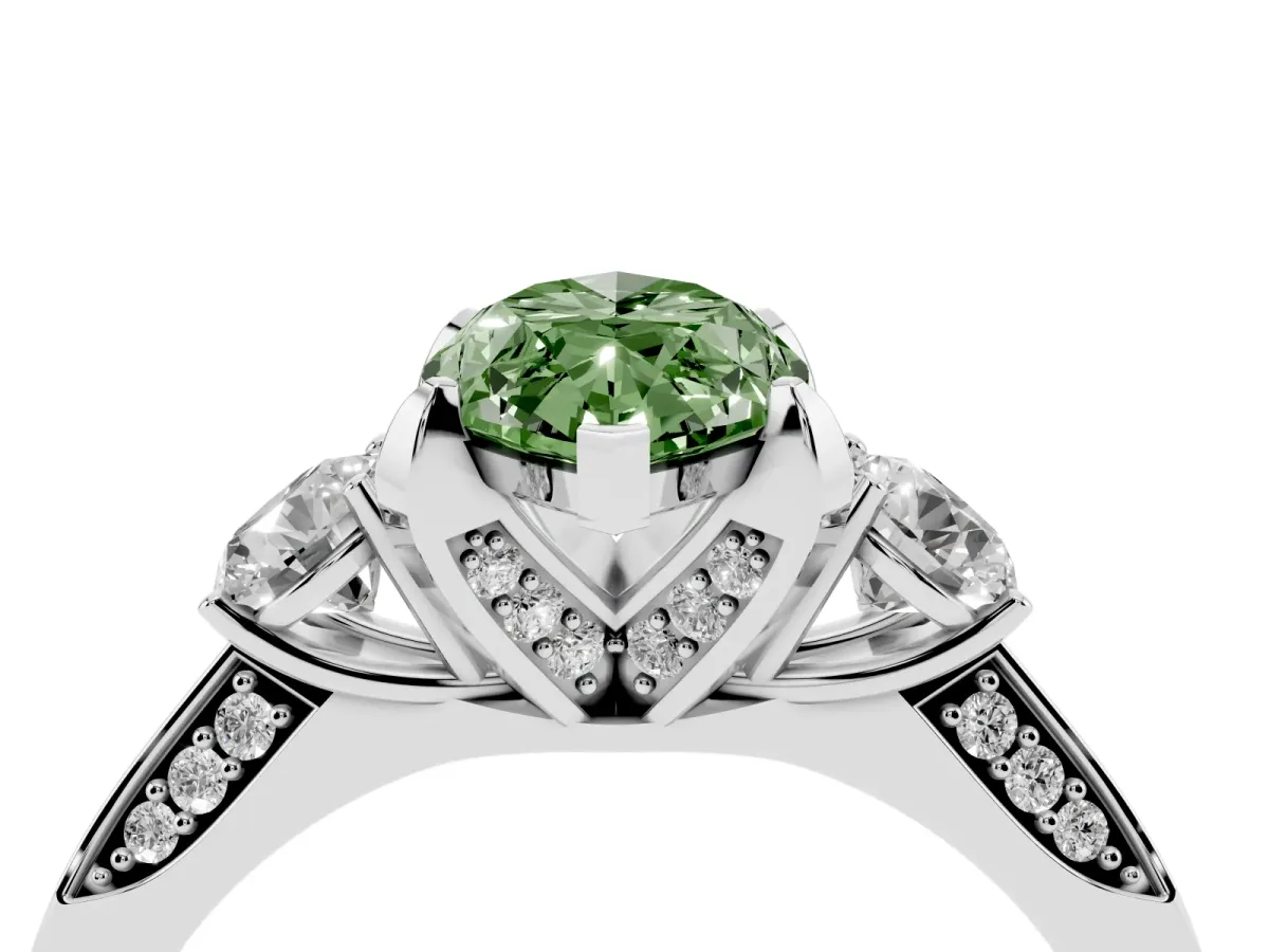 Fancy Green Marquise Cut Brilliant Three-Stone Diamond Ring with Pavé Band and Four-Prong Setting Silver