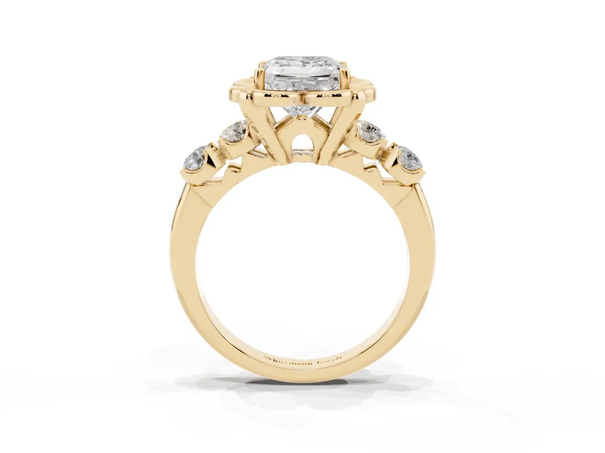 Princess Cut Cut Diamond Floral Halo Engagement Ring with Shared Prong Setting Yellow gold