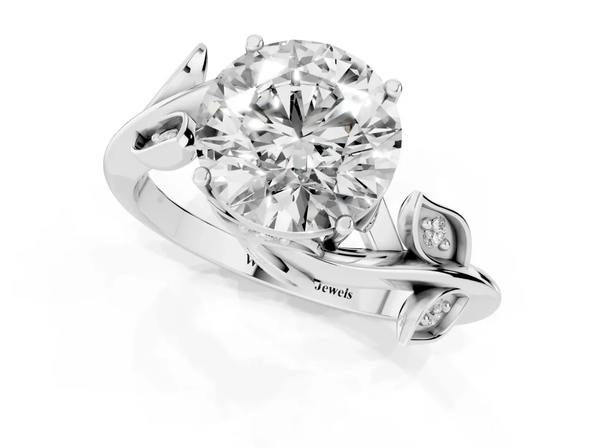 Round Cut Solitaire Twist Engagement Ring with Leaf Accents and Prong Setting Silver