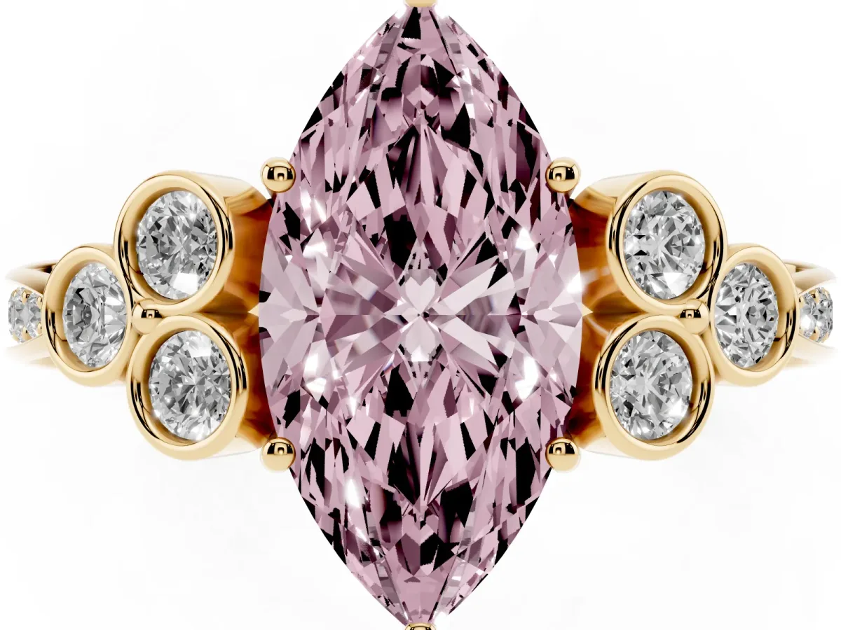 Fancy Pink Marquise Cut Cut Diamond Engagement Ring with Bezel Set Round Side Stones and Prong Setting Yellow gold