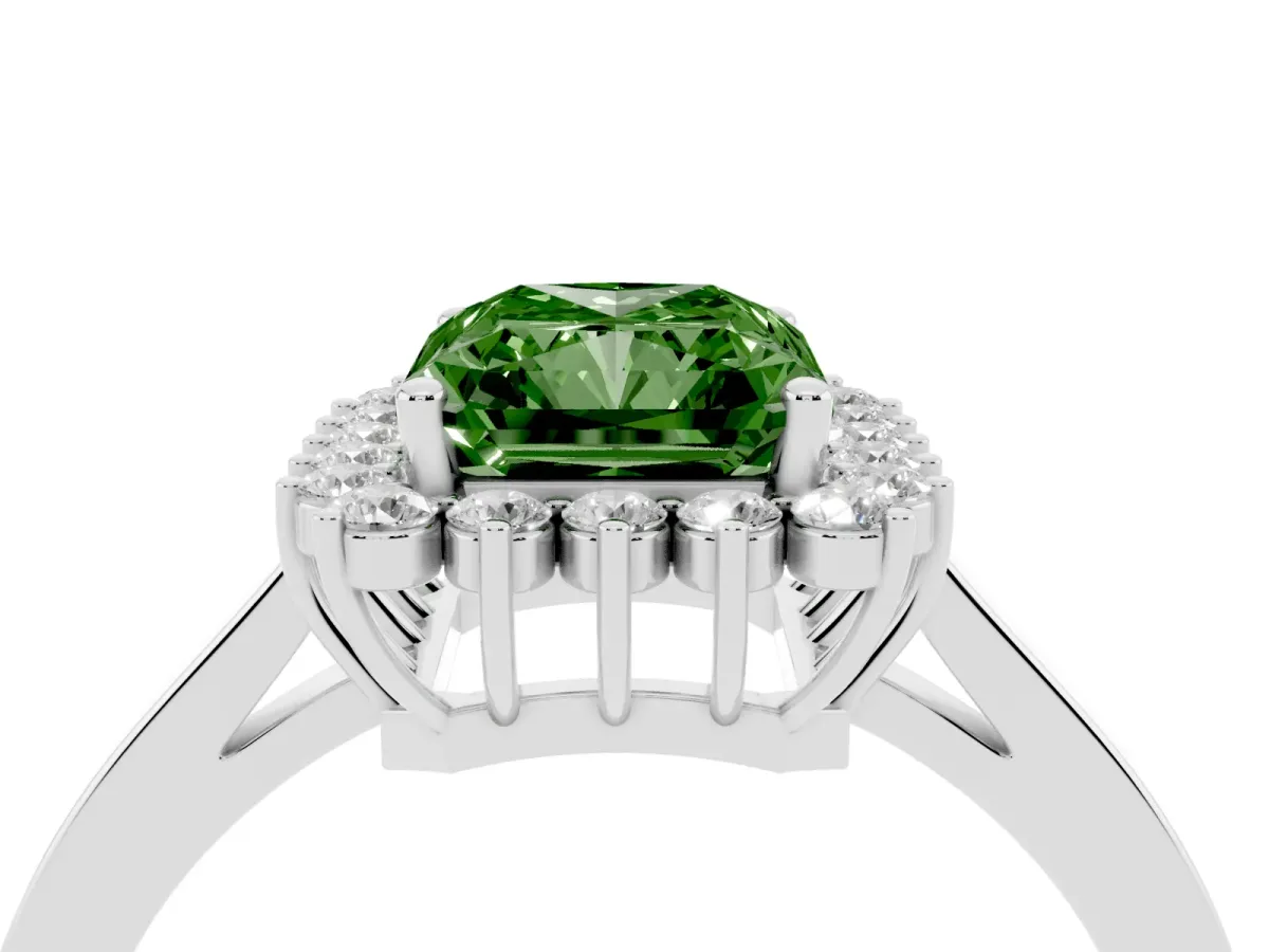 Fancy Green Radiant Cut Cut Diamond Halo Ring with Round Brilliant Halo and Solitaire Band Silver